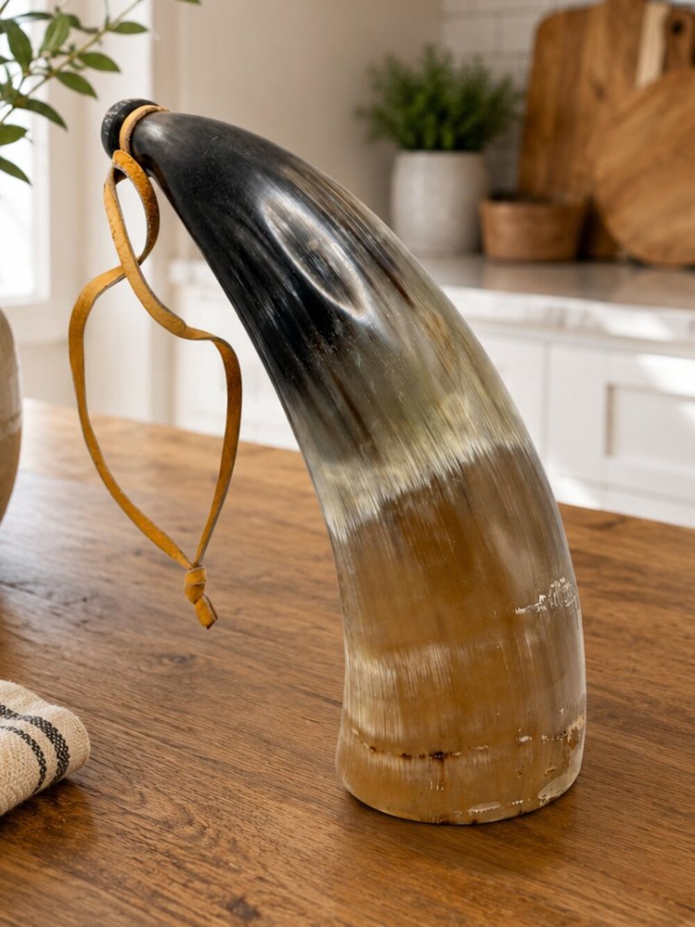 Vintage Natural Cow Horn Drinking Vessel Cup Rustic Primitive Decor 11"